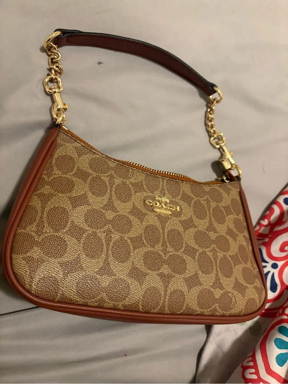 Coach Brown Signature Canvas Shoulder Bag with Gold Hardware